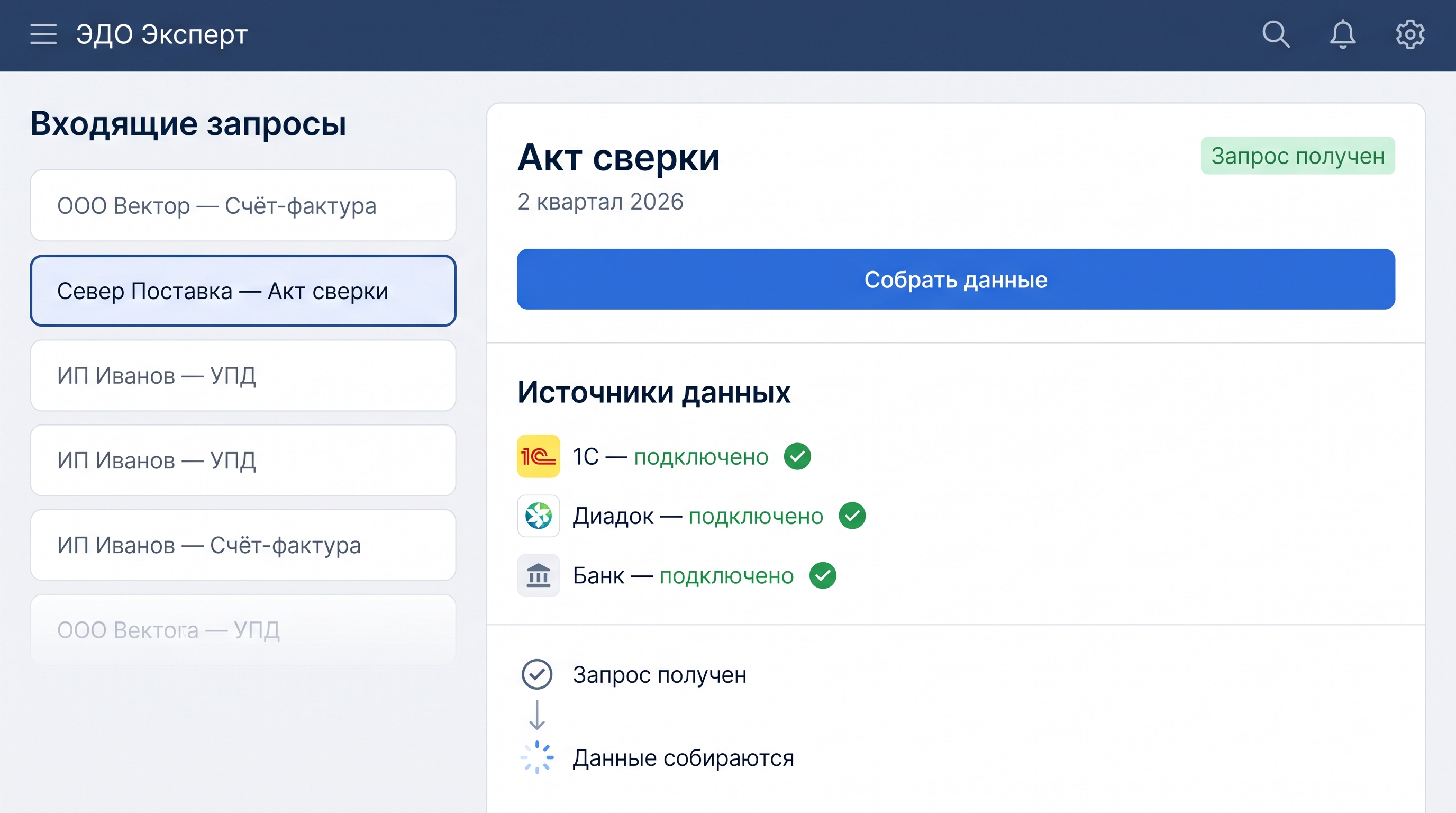 Бухгалтер видит входящий запрос акта сверки за второй квартал 2026 года
