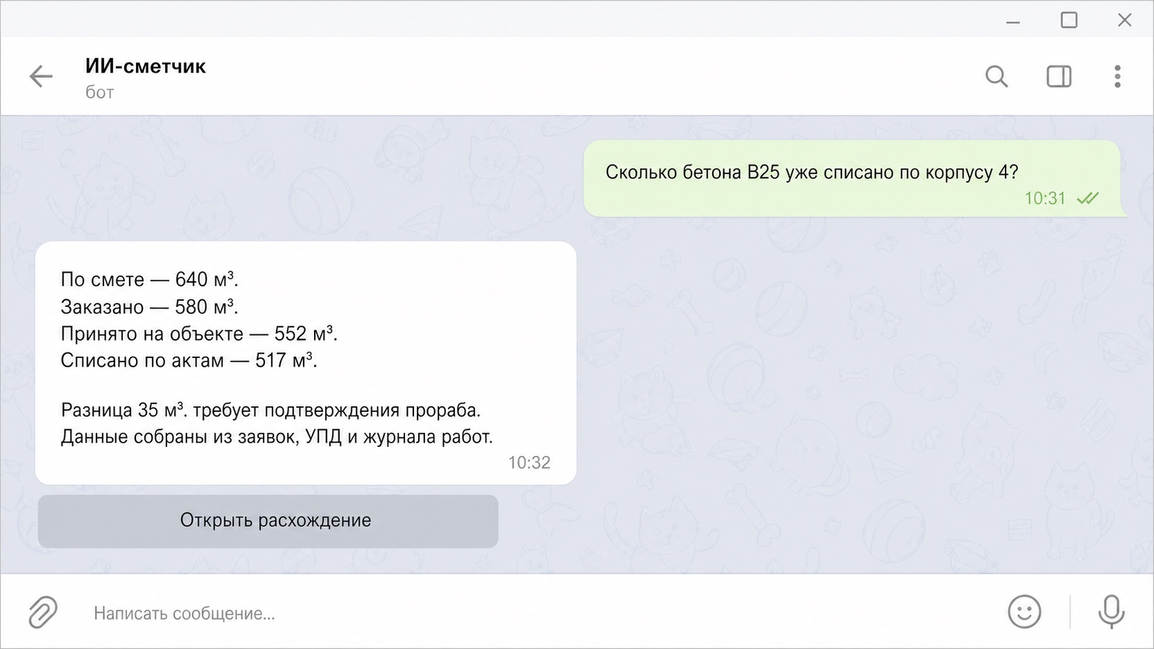 Telegram-диалог с ИИ-сметчиком о плане, заказе, приёмке и списании бетона B25 по корпусу 4